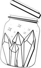 Stylized mason-style jar is being shown on transparent backdrop, with faceted crystals and sparkles