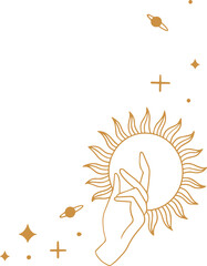 Stylized hand is gently touching circular sun motif in golden line design, transparent background
