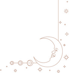 Naklejka premium Vector line art is showing peach-stroked crescent moon with stars, shapes on transparent background