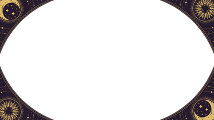 Naklejka premium Displaying cosmic oval frame in flat with gold sun, moon, stars, transparent background, copy space