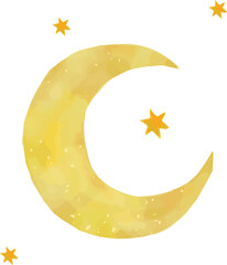 Naklejka premium Watercolor-style illustration is showing golden crescent moon with five stars on clear backdrop