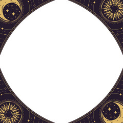 Naklejka premium Sun moon frame is forming in flat design, transparent background, gold line art stars, copy space
