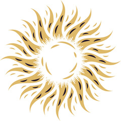 Featuring flat design golden sun illustration radiating rays around core on transparent background