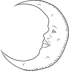Line art crescent moon is curling with face, hatch marks, crater dots on transparent background