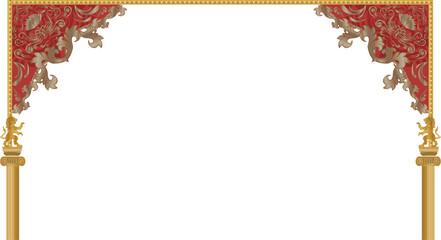 Vector archway featuring red valance gold cornice winged lion golden columns transparent backdrop