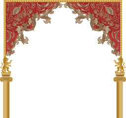 Theatre frame flat design showcasing lion sculptures and red swag on transparent field