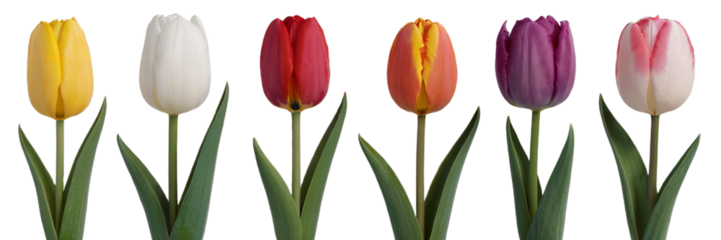 Six colorful tulips blooming isolated on red bud pink stem shot on transparent background