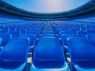 Naklejka premium Empty Blue Stadium Seats Under a Bright Sky for Sporting Events