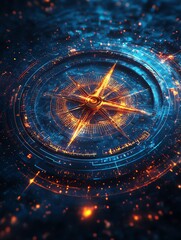 Glowing compass rose in cosmic space.  Fantasy art, navigation, direction, adventure.