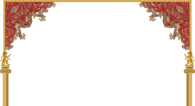 Vector archway featuring red valance gold cornice winged lion golden columns transparent backdrop