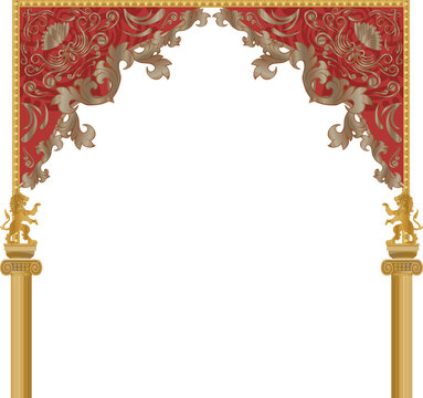 Theatre frame flat design showcasing lion sculptures and red swag on transparent field