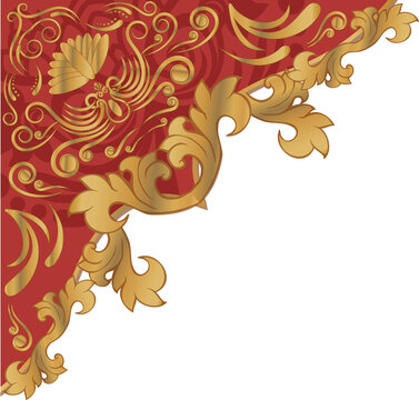 Fototapeta Showing flat baroque flourish with gold acanthus and scrollwork on red backing transparent backdrop