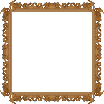 Fototapeta Flat design ornate wooden square frame with carved leaf motif is floating on transparent backdrop