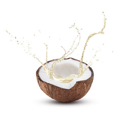 Coconut oil splashing out of nut on white background
