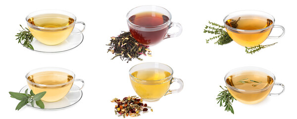 Herbal tea in glass cups isolated on white, collage