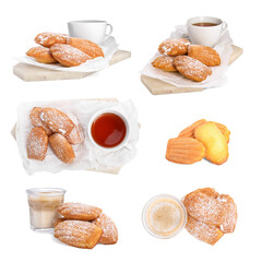 Tasty madeleine cakes on white background, collage