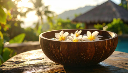 Fragrant bowl adorned with delicate blooms of frangipani exudes aura of tranquility, set against lush tropical backdrop. warm sunlight enhances serene atmosphere
