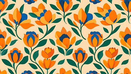 Vibrant Floral Pattern Orange and Blue Flower Design Seamless Repeat