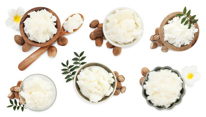 Natural shea butter on white background, collage. Top view