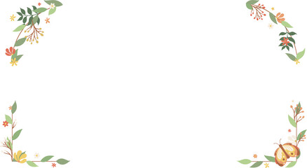 Floral frame is featuring leafy branches, blooms and orange butterfly in flat style on clear canvas