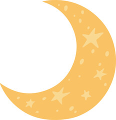 Naklejka premium Flat design yellow crescent moon is floating on transparent backdrop with pale stars and oval spots