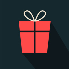 Red gift box is showing flat design, with black band, cream ribbon bow on transparent background