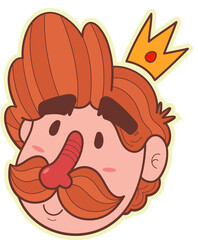 Cartoon male head is floating on transparent backdrop with red hair mustache hovering gold crown