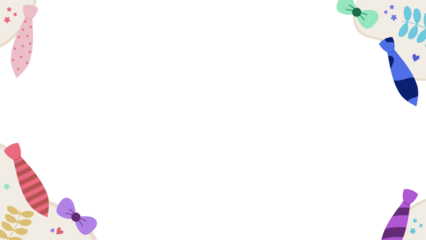 Cartoon-style frame is showing colorful ties, bows, leaves, hearts, stars on transparent background