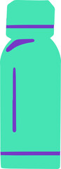 Flat bottle is showing cap, turquoise body and purple stripes on transparent background
