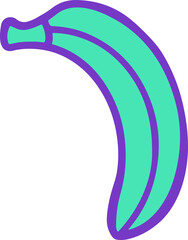 Cartoon banana floating in vector art, showing teal fill and purple outline on transparent backdrop