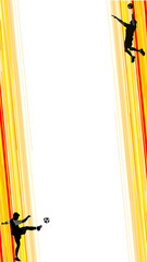 Naklejka premium Vector soccer duo kicking and jumping against yellow-red gradient bands with transparent background