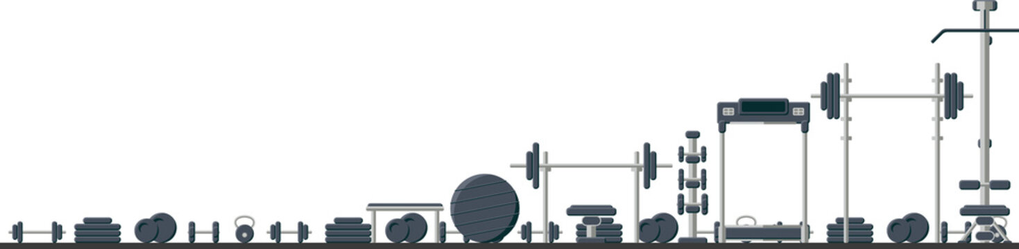 Fototapeta Displaying gym gear in horizontal flat layout showing weights, balls, benches, machines, copy space