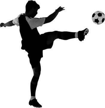Fototapeta Silhouette soccer player is kicking soccer ball in flat design in uniform on transparent background