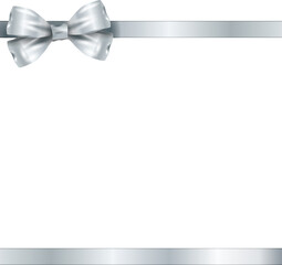 Silver satin-like bow is hovering on matching ribbon bands in flat design, transparent background