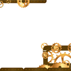 Flat steampunk frame is showing rivets and golden gears with transparent background