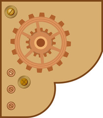 Flat gear assembly on tan panel is showing twin cogwheels, four screws with transparent background