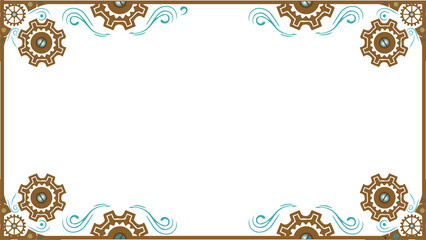 Steampunk border is featuring gears and swirls in brown teal tones, transparent, copy space