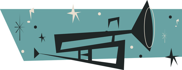 Naklejka premium Flat design is showing trumpet over teal bar with starbursts, notes on clear background, copy space