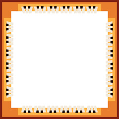 Stylized piano keys border is framing slate-blue panel with orange border on transparent background