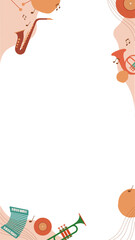 Musical frame featuring guitar, trumpet, keys, vinyl in flat design on clear background, copy space
