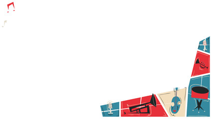 Flat border featuring tricolor panels showing instruments, floating notes on transparent canvas