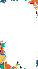 Vector music frame showing instruments, notes, leaves  and  cable on transparent background, copy sp