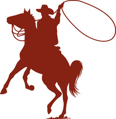 Stylized silhouette cowboy is riding rearing horse and swinging lasso on transparent background