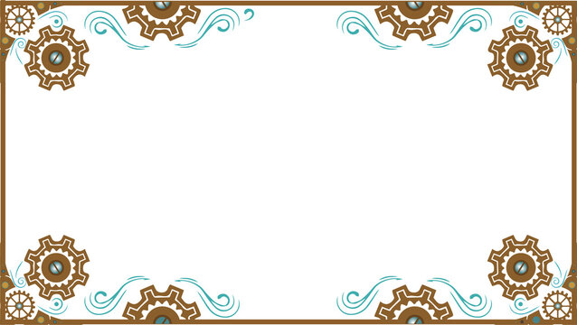 Fototapeta Steampunk border is featuring gears and swirls in brown teal tones, transparent, copy space