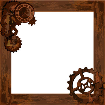 Fototapeta Steampunk wood frame is showing rusted gears and Roman clock on transparent background, copy space
