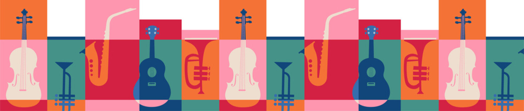 Repeating vector tile featuring violin saxophone guitar and trumpet icons on transparent background
