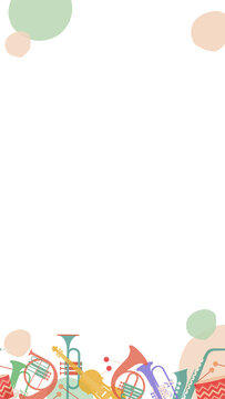 Flat vector music border is displaying colorful brass and pastel circles on transparent background