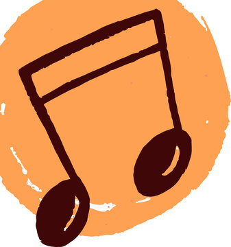 Stylized eighth note is appearing over orange brush circle in flat design transparent background