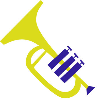 Stylized trumpet is appearing in flat style with yellow tubes, blue valves, transparent background
