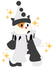 Flat-design two-tone cat jester is wearing pom-pom hat with star sparkles, transparent backdrop